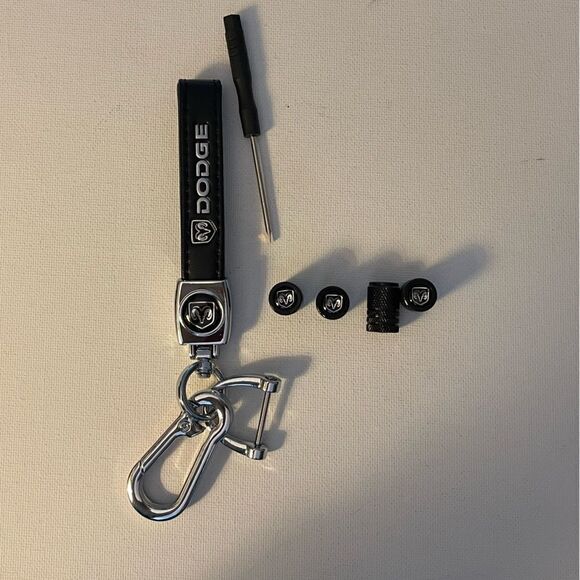 Dodge Logo Key Fob Keychain in Black Leather and Valve Stem Caps in Black NWT - Picture 1 of 5